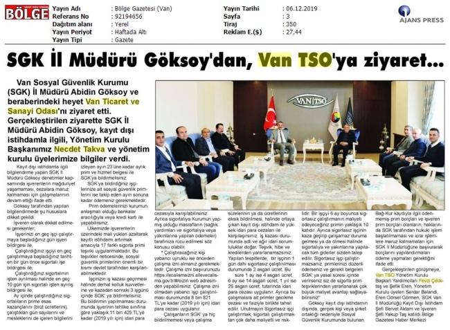 SGK İL MÜDÜRÜ GÖKSOY'DAN, VAN TSO' YA ZİYARET