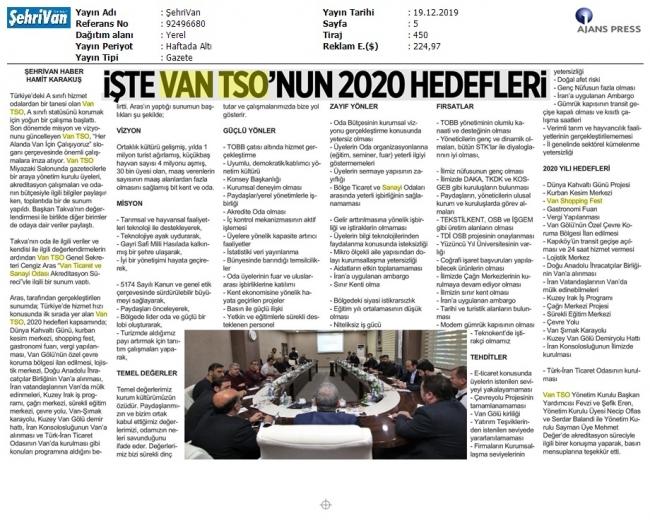 İŞTE VAN TSO'NUN 2020 HEDEFLERİ