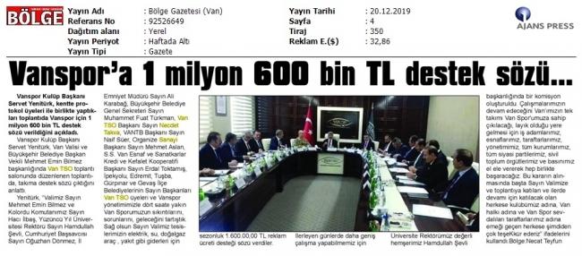VANSPOR'A 1 MİLYON 600 BİN TL DESTEK SÖZÜ