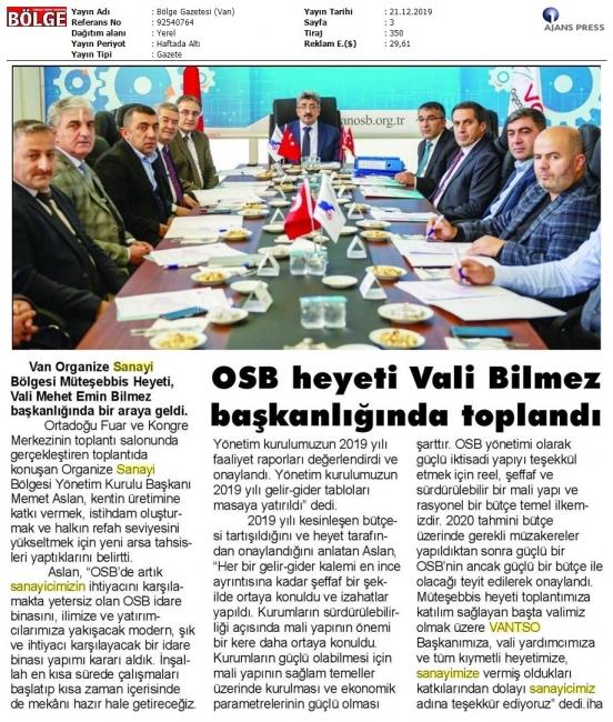 OSB HEYETİ VALİ BİLMEZ BAŞKANLIĞINDA TOPLANDI
