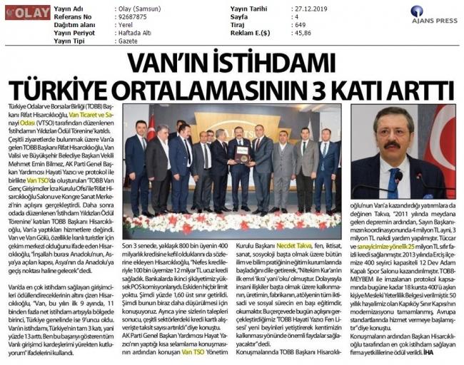 VAN'IN İSTİHDAMI TÜRKİYE ORTALAMASININ 3 KATI ARTTI