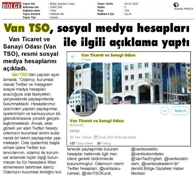 VAN TSO, SOSYAL MEDYA HESAPLARI İLE İLGİLİ AÇIKLAMA YAPTI
