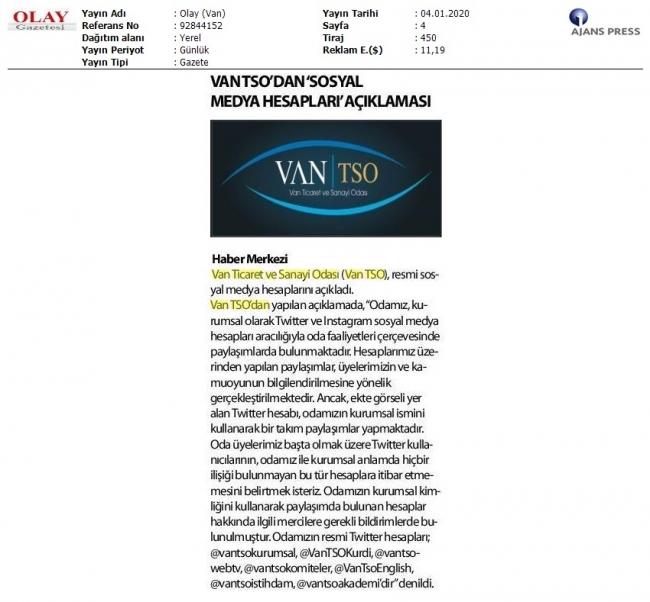 VANTSO'DAN 'SOSYAL MEDYA HESAPLARİ' AÇIKLAMASI