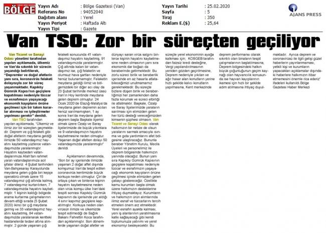 VAN TSO: ZOR BİR SÜREÇTEN GEÇİLİYOR