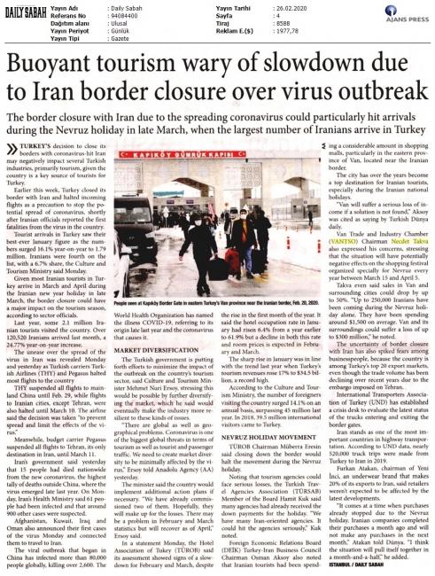 BUOYANT TOURISM WARY OF SLOWDOWN DUE TO IRAN BORDER ELOSURE OVER VIRUS OUTB