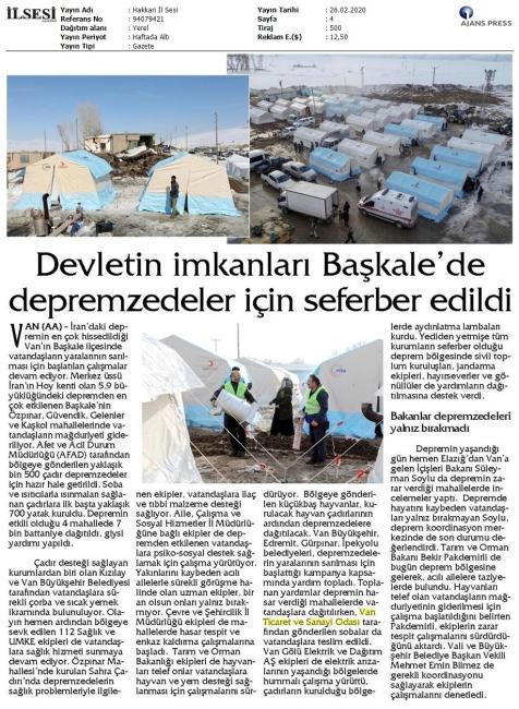 DEVLETİN İMKANLARI BAŞKALE' DE DEPREMZEDELER İÇİN SEFERBER EDİLDİ
