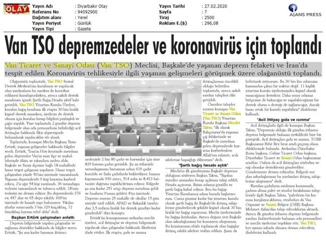 VAN tSO DEPREMZEDELER VE KORONAVİRÜS İÇİN TOPLANDI
