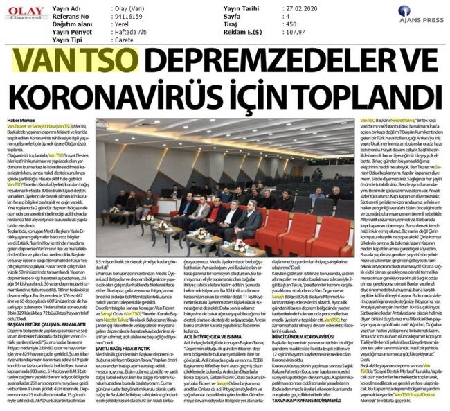 VANTSO DEPREMZEDELER VE KORONAVİRÜS İÇİN TOPLANDI