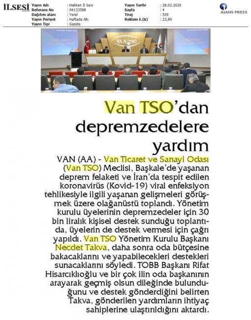 VAN TSO'DAN DEPREMZEDELERE YARDIM