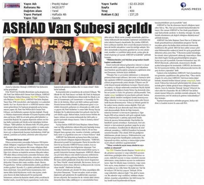 ASRIAD VAN ŞUBESİ AÇILDI