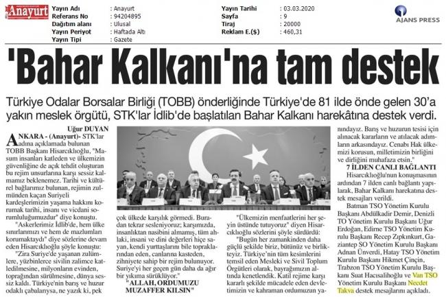 BAHAR KALKANI'NA TAM DESTEK