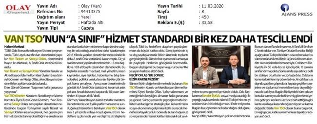VAN TSO'NUN 'A SINIF' HİZMET STANDARDI BİR KEZ DAHA TESCİLLENDİ