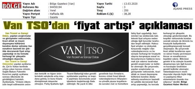 VAN TSO'DAN FİYAT ARTIŞI AÇIKLAMASI