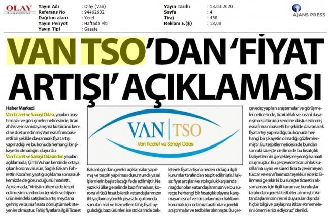VAN TSO'DAN FİYAT ARTIŞI AÇIKLAMASI