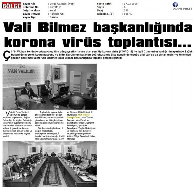 VALİ BİLMEZ BAŞKANLIĞINDA KORONAVİRÜS TOPLANTISI