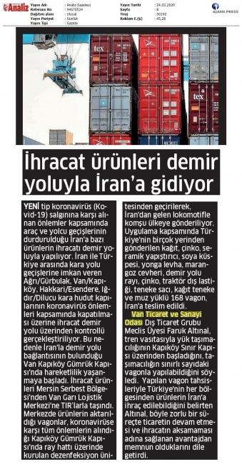 İHRACAT ÜRÜNLERİ DEMİR YOLUYLA İRAN A GİDİYOR