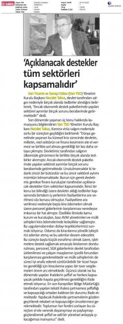 AÇIKLANACAK DESTEKLER TÜM SEKTÖRLERİ KAPSAMALIDIR'