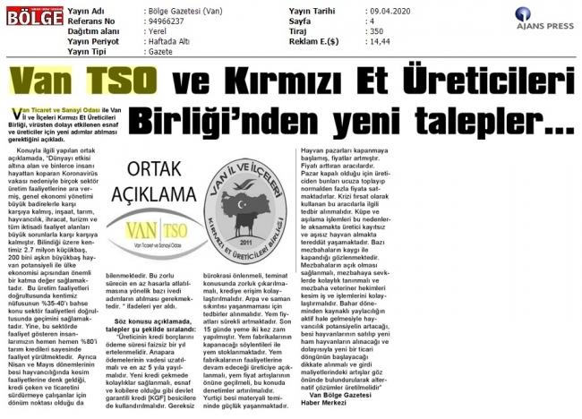VAN TSO VE KIRMIZI ET ÜRETİCİLERİ BİRLİĞİNDEN YENİ TALEPLER.