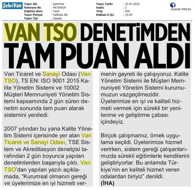 VAN TSO DENETİMDEN TAM PUAN ALDI