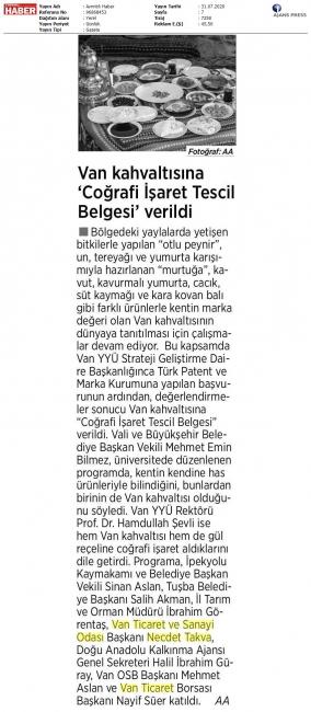VAN KAHVALTISINA COĞRAFİ İŞARET TESCİL BELGESİ VERİLDİ
