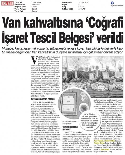 VAN KAHVALTISINA COĞRAFİ İŞARET TESCİL BELGESİ' VERİLDİ