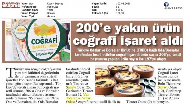 200'E YAKIN ÜRÜN ÇOĞRAFİ İŞARET ALDI