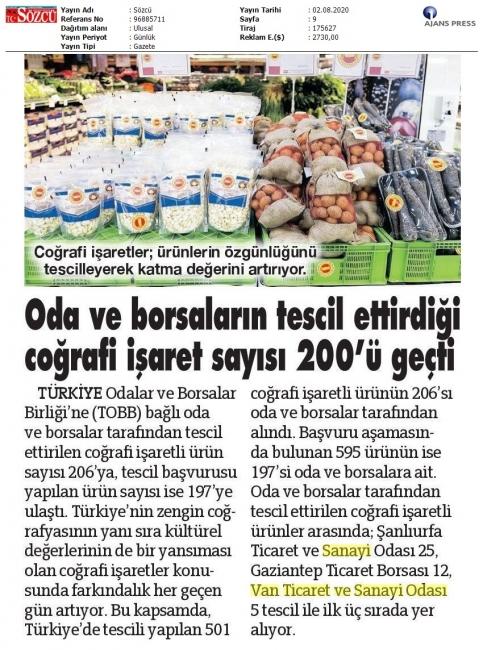 ODA VE BORSALARIN TESCİL ETTİRDİĞİ COĞRAFİ İŞARET SAYISI 200 Ü GEÇTİ