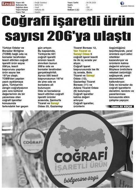 COĞRAFİ İŞARETLİ ÜRÜN SAYISI 206 YA ULAŞTI