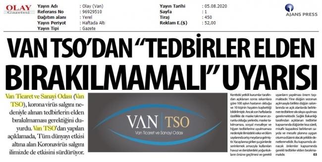 VAN TSO'DAN TEDBİRLER ELDEN BIRAKLUMAMALI UYARISI