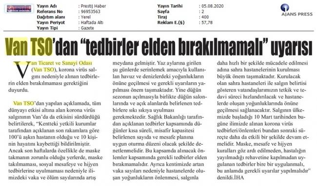 VAN TSO' DAN TEDBİRLER ELDEN BIRAKILMAMALI' UYARISI