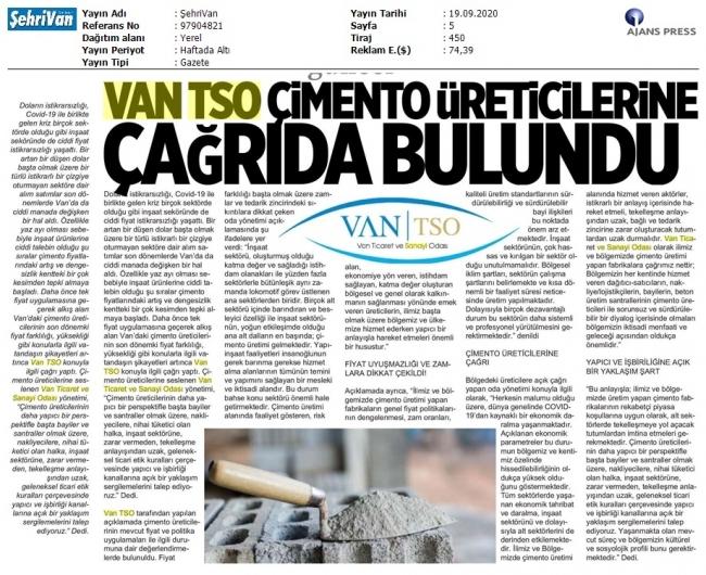 VAN TSO ÇİMENTO ÜRETİCİLERİNE ÇAĞRIDA BULUNDU
