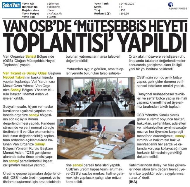 VAN OSB'DE MÜTEŞEBBİS HEYET TOPLANTISI YAPILDI