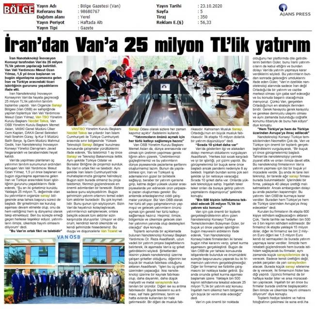 İRAN'DAN VAN'A 25 MİLYON TL'LİK YATIRIM