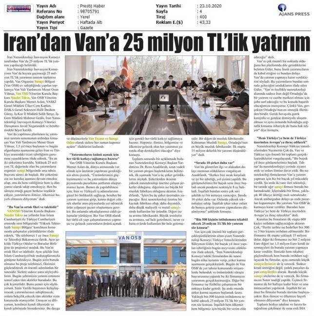İRAN'DAN VAN'A 25 MİLYON TL'LİK YATIRIM