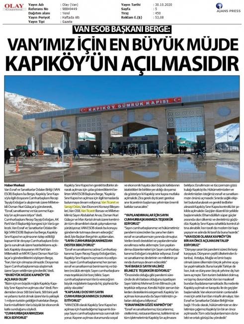 VAN'IMIZ İÇİN EN BÜYÜK MÜJDE KAPIÖY'ÜN AÇILMASIDIR