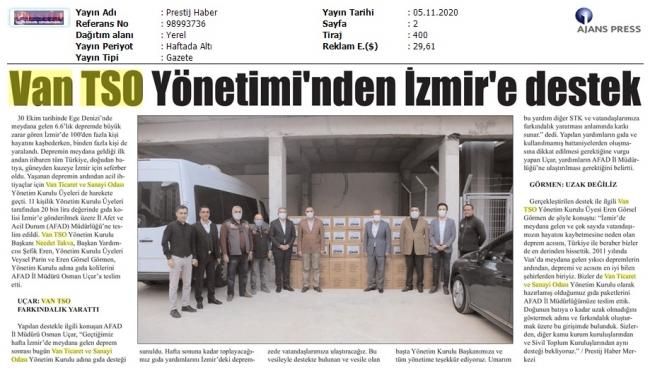 VAN TSO YÖNETİMİNDEN İZMİR'E DESTEK