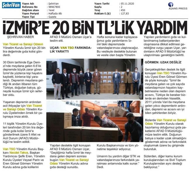 İZMİR'E 20 BİN TL'LİK YARDIM