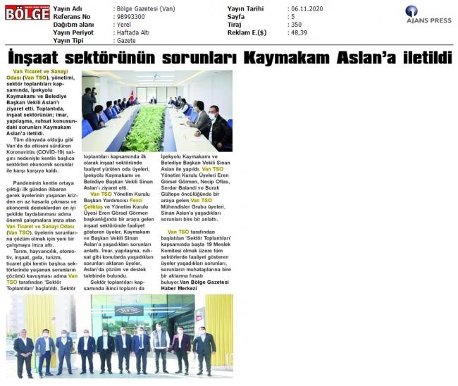 İNŞAAT SEKTÖRÜNÜN SORUNLARI KAYMAKAM ASLAN'A İLETİLDİ