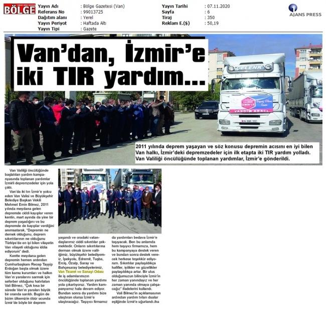 VAN'DAN İZMİR'E İKİ TIR YARDIM