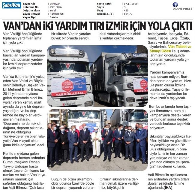 VAN'DAN İKİ YARDIM TIRI İZMİR İÇİN YOLA ÇIKTI