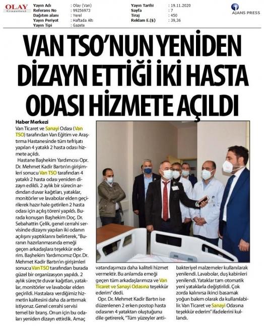 VANTSO'NUN YENİDEN DİZAYN ETTİĞİ İKİ HASTA ODASI HİZMETE AÇILDI