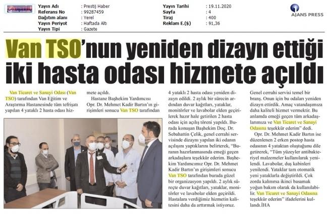 VAN TSO'NUN YENİDEN DİZAYN ETTİĞİ İKİ HASTA ODASI HİZMETE AÇILDI