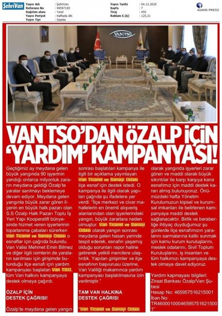 VAN TSO'DAN ÖZALP İÇİN 'YARDIM' KAMPANYASI