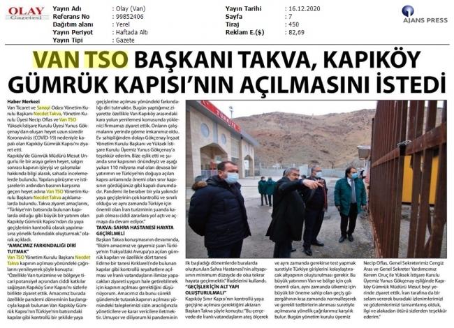 VAN TSO BAŞKANI TAKVA KAPIKÖY GÜMRÜK KAPISININ AÇILMASINI İSTEDİ