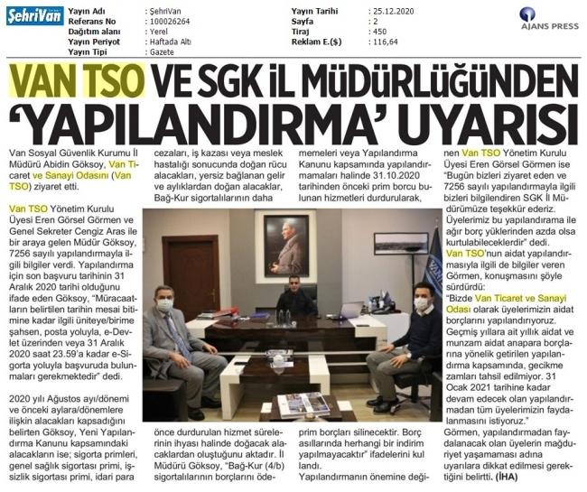 VAN TSO VE SGK MÜDÜRLÜĞÜNDEN YAPILANDIRMA UYARISI