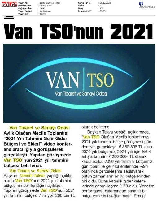 VAN TSO'NUN 2021 YILY TAHMİNİ BÜTÇESİ BELLİ OLDU