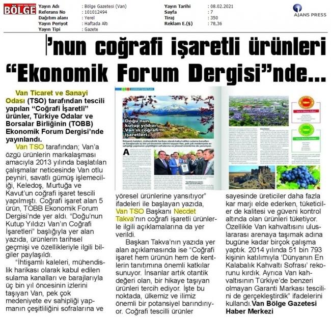 VAN TSO'NUN COĞRAFİ İŞARETLİ ÜRÜNLERİ EKONOMİK FORUM DERGİSİ'NDE