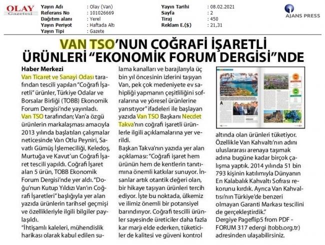 VAN TSO'NUN COĞRAFİ İŞARETLİ ÜRÜNLERİ EKONOMİK FORUM DERGİSİ'NDE