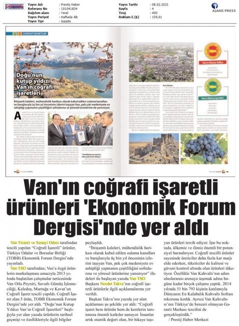 VAN'IN COĞRAFİ İŞARETLİ ÜRÜNLERİ EKONOMİK FORUM DERGİSİ'NDE YER ALDI