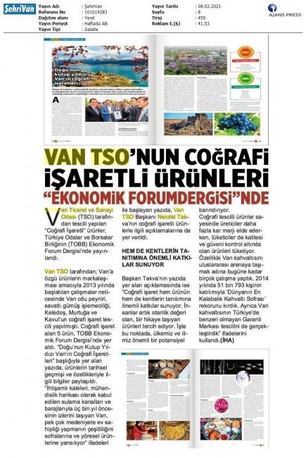 VAN TSO'NUN COĞRAFİ İŞARETLİ ÜRÜNLERİ EKONOMİK FORUM DERGİSİ'NDE
